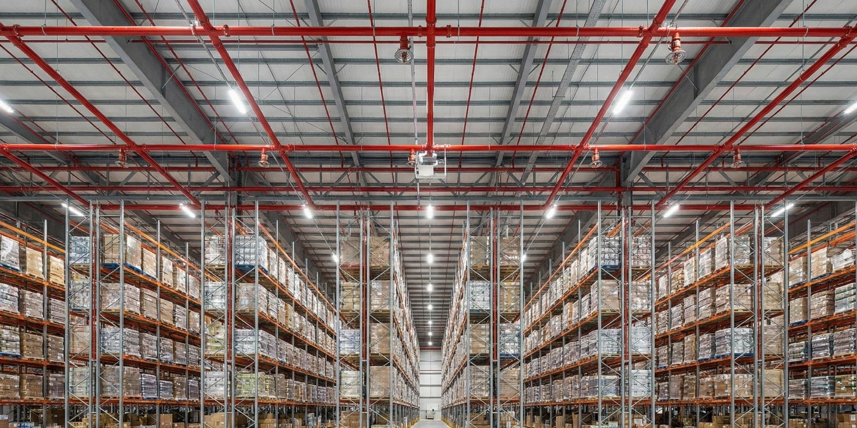 Innenansicht eines modernen Hochregallagers in der Logistik. Der Fokus liegt auf dem umfassenden roten Decken-Sprinklersystem mit großen ESFR-Sprinklerköpfen, die über den vollen Palettenregalen installiert sind